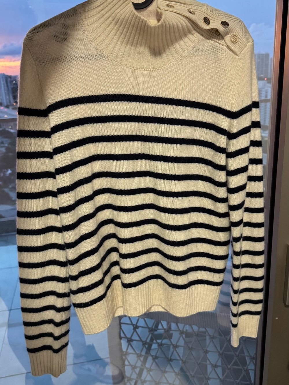 Maje Cream and Black Striped Button-Shoulder Sweater